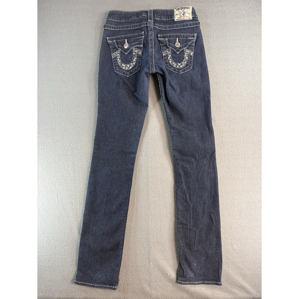 True Religion Straight Jeans Womens 26 Dark Wash Blue Low Rise Rhinestone Flap - Picture 2 of 10
